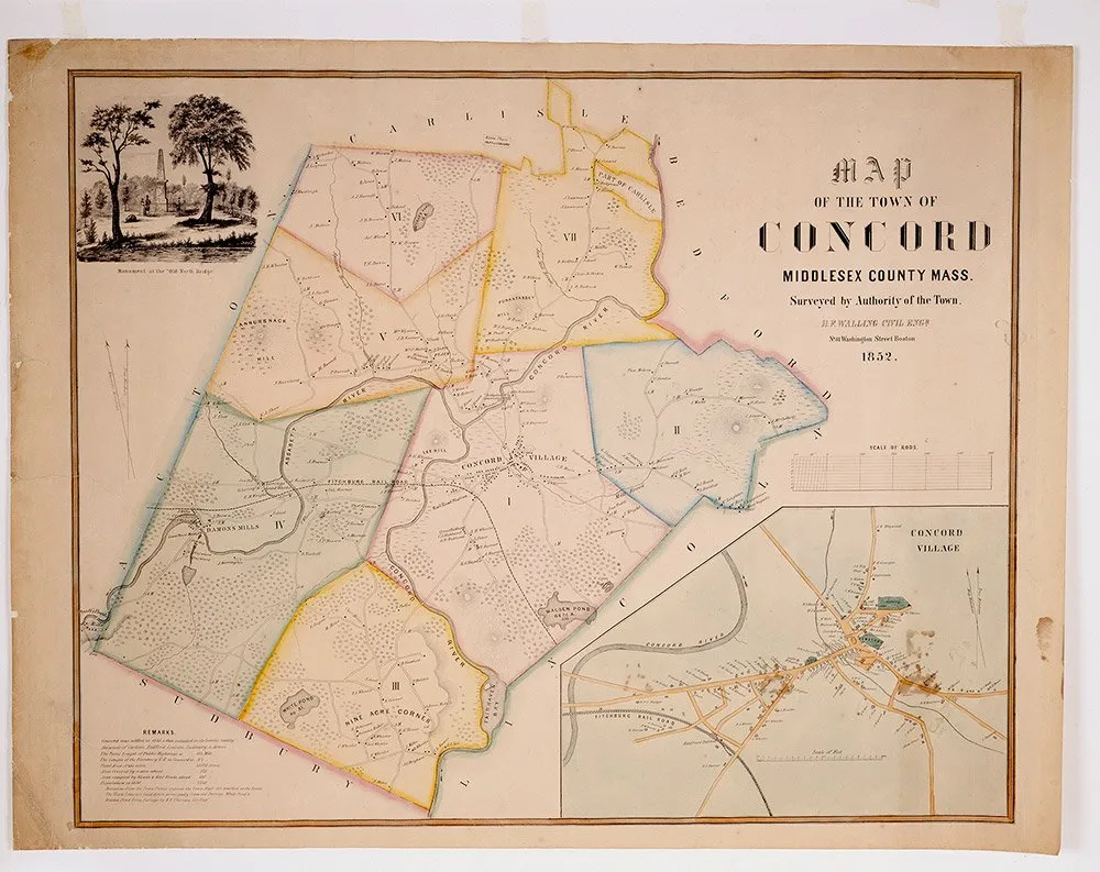 Hand-colored 1852 map of the town of Concord, Massachusetts