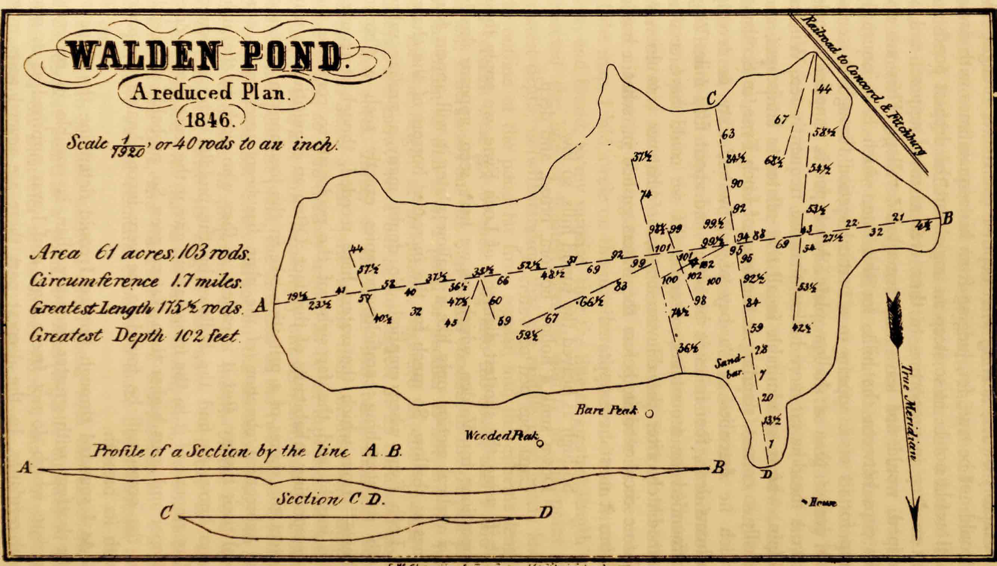 Thoreau's 1846 survey of Walden Pond with his depth soundings