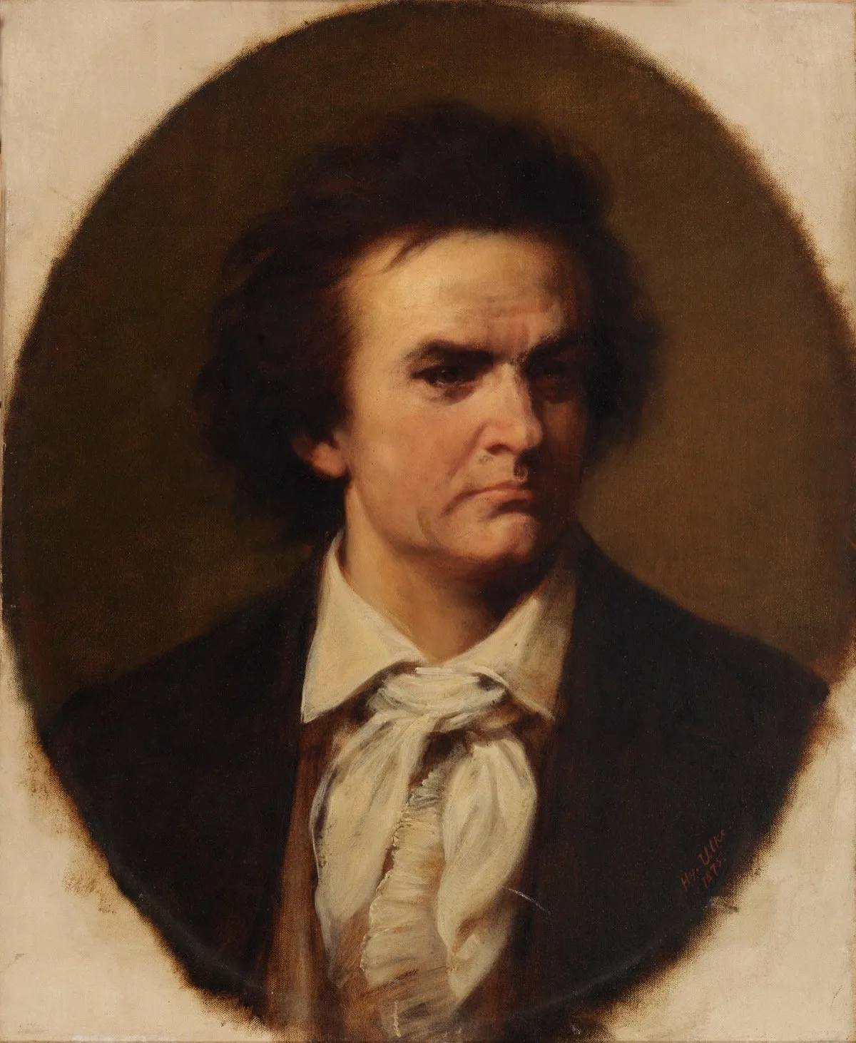 Posthumous painted portrait of Beethoven in a dark coat and white cravat