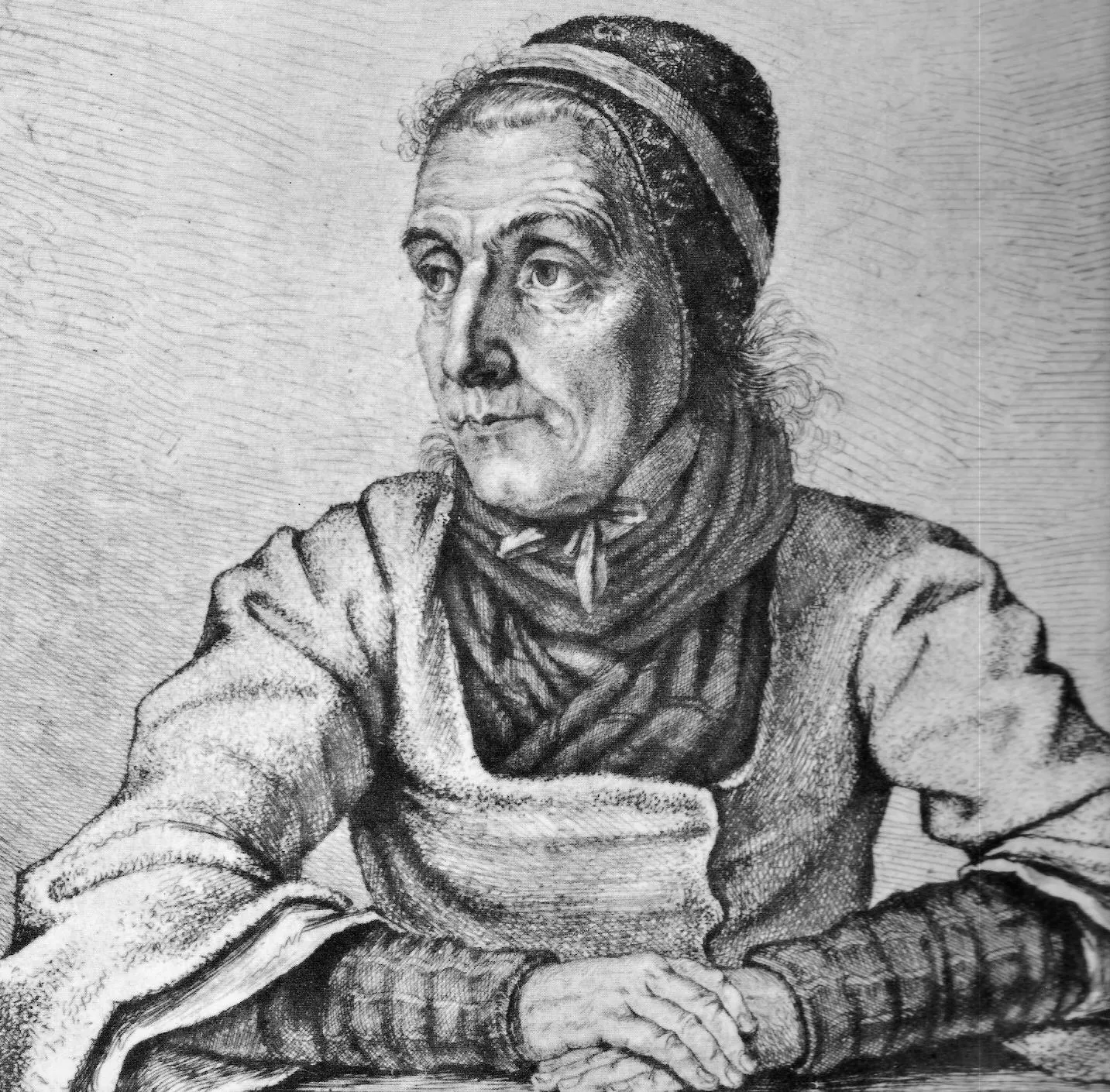 Engraved portrait of Dorothea Viehmann in a headscarf, one of the Grimms' key storytellers
