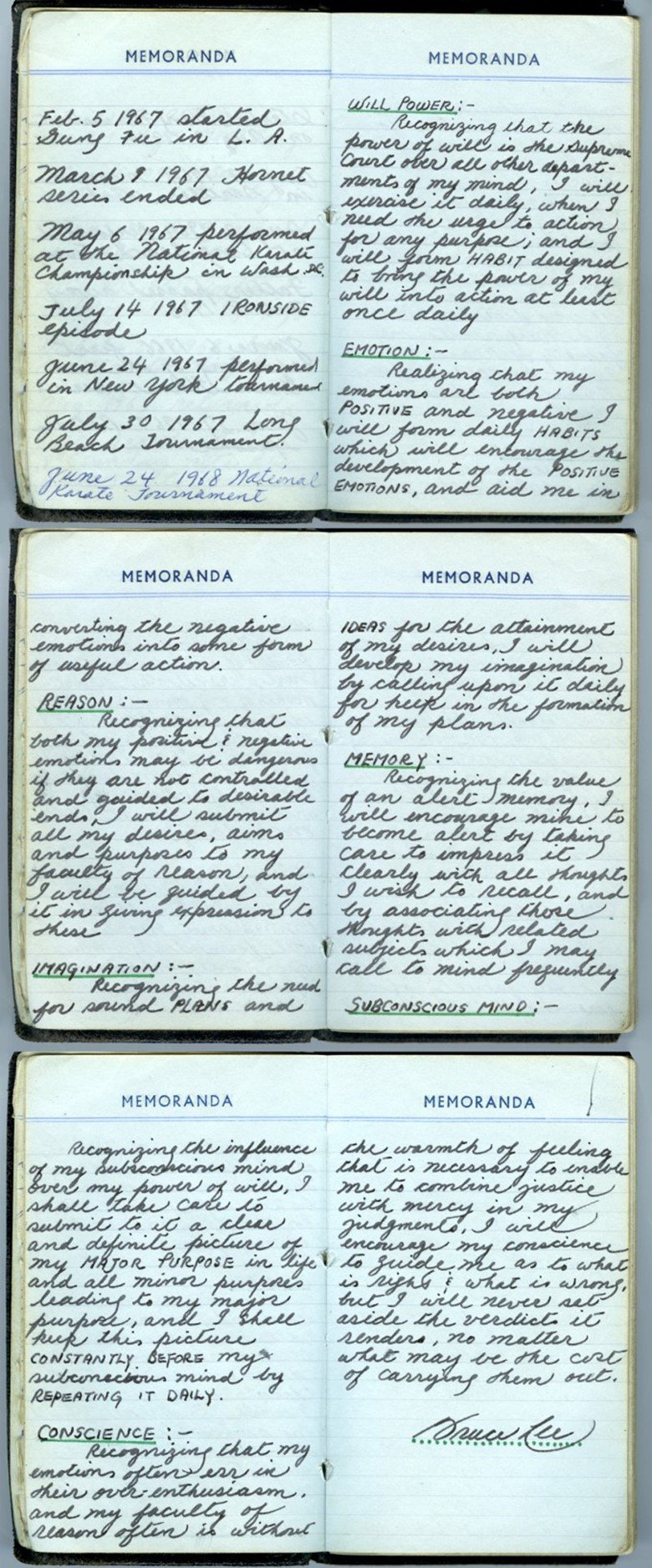 Three handwritten pocketbook spreads from Bruce Lee's papers 