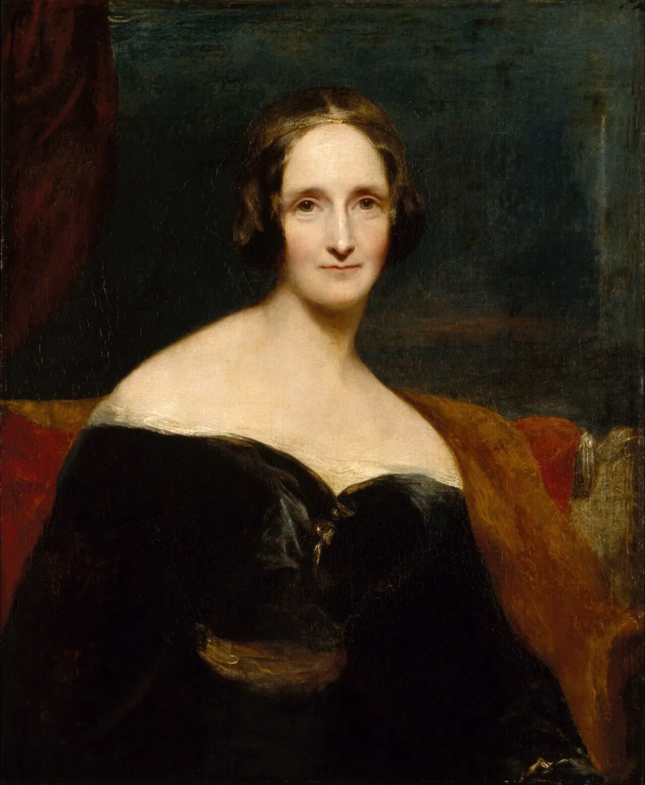 Richard Rothwell's portrait of Mary Shelley, seated in a dark dress against a shadowed background