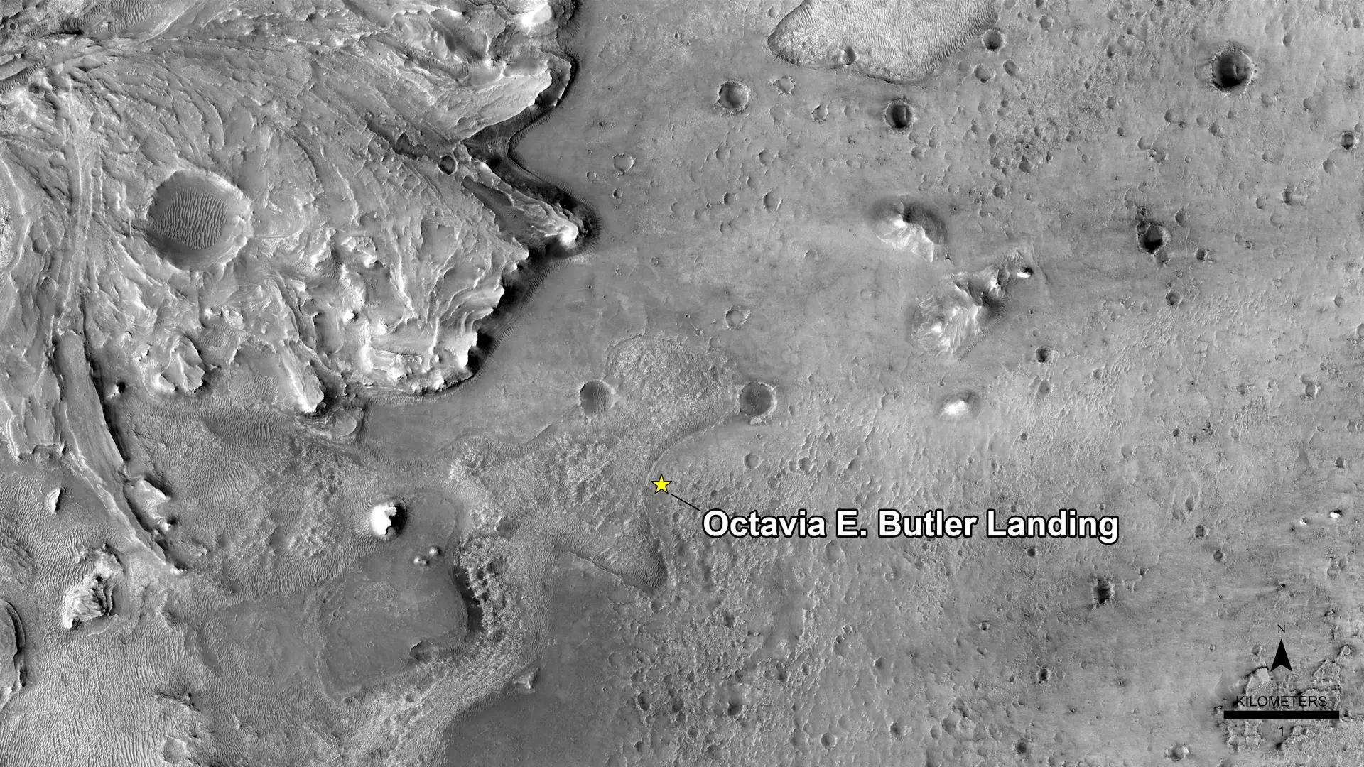 Orbital image of the Perseverance rover landing site on Mars, labelled Octavia E. Butler Landing