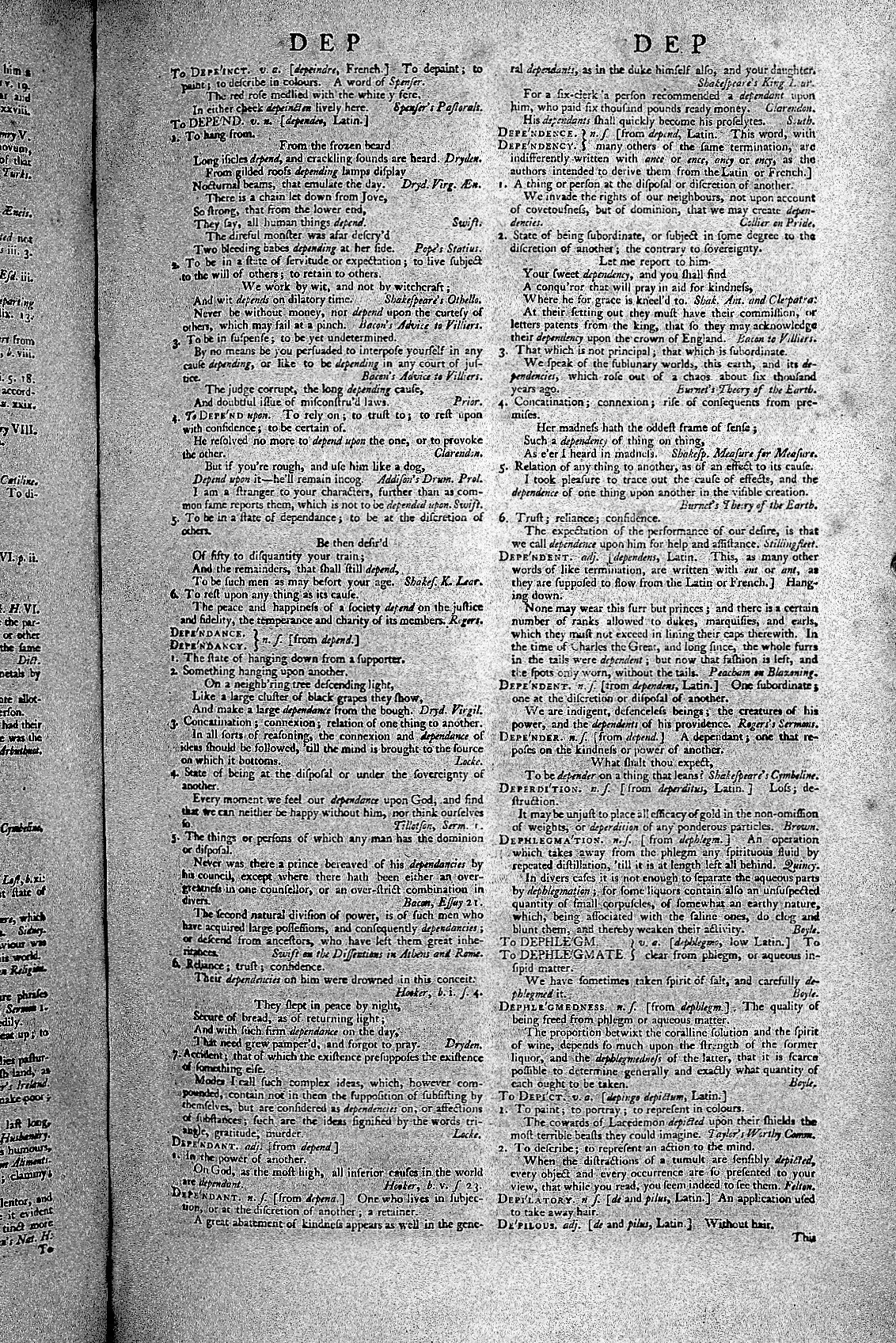 An open double-page spread of Johnson's 1755 Dictionary of the English Language