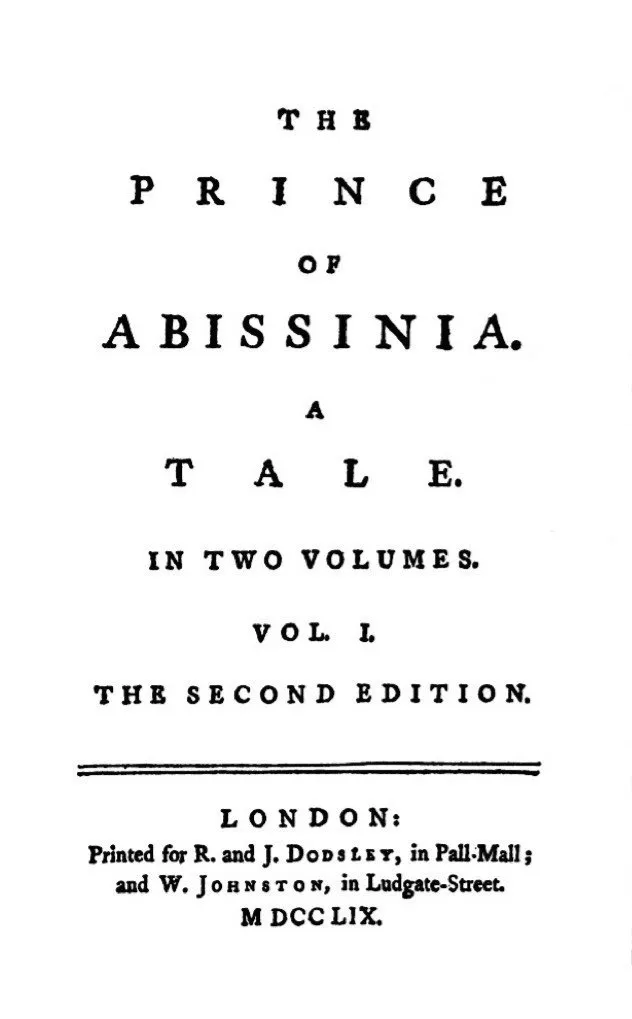 Title page of Rasselas, headed The Prince of Abissinia, A Tale, second edition 1759