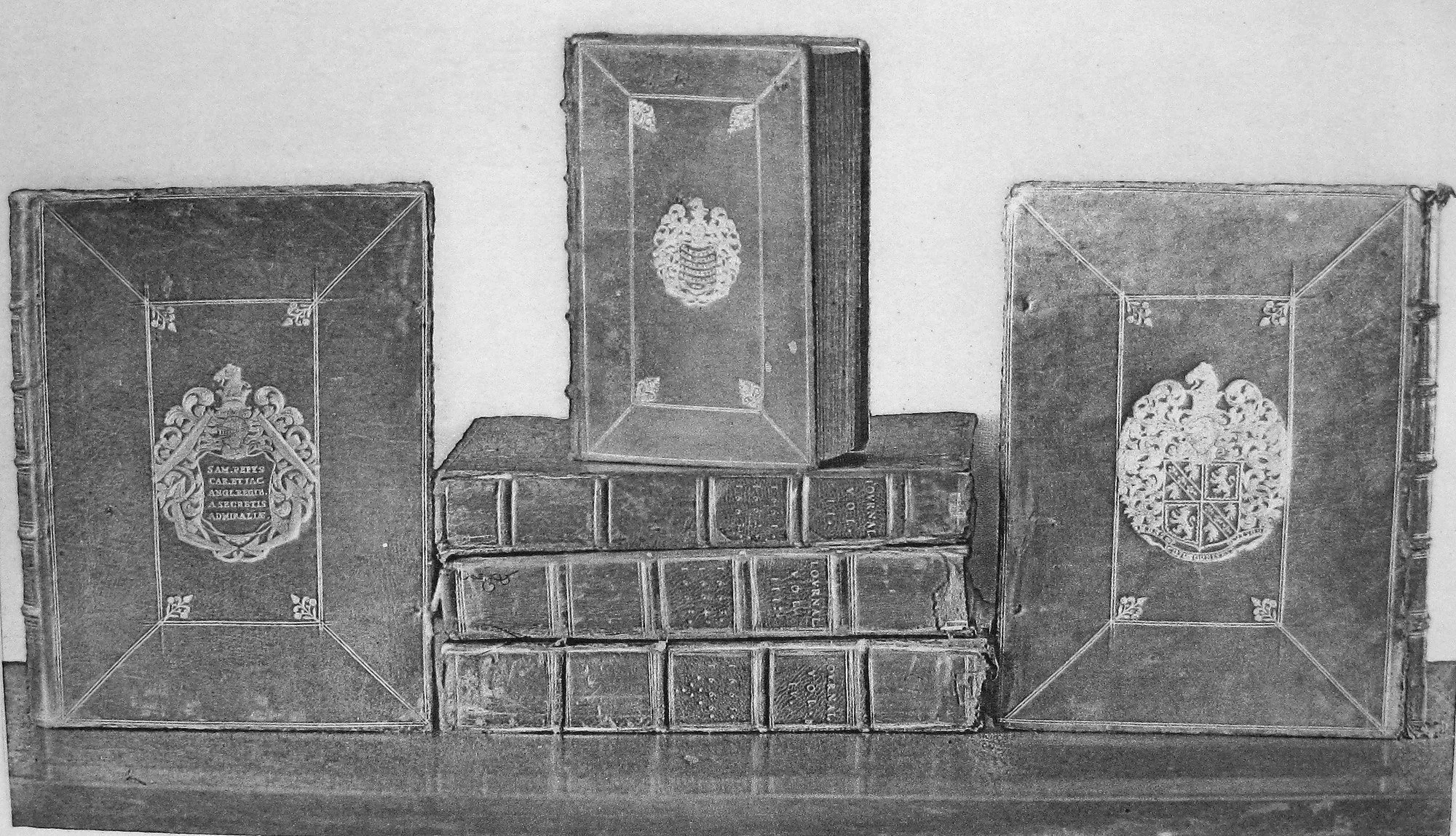 Engraving of the six bound volumes of the Pepys diary standing on a shelf