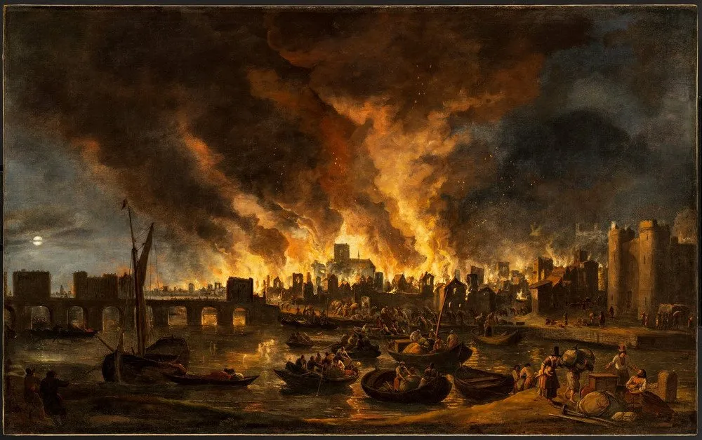 Lieve Verschuier painting of the Great Fire of London, the city burning across the river at night