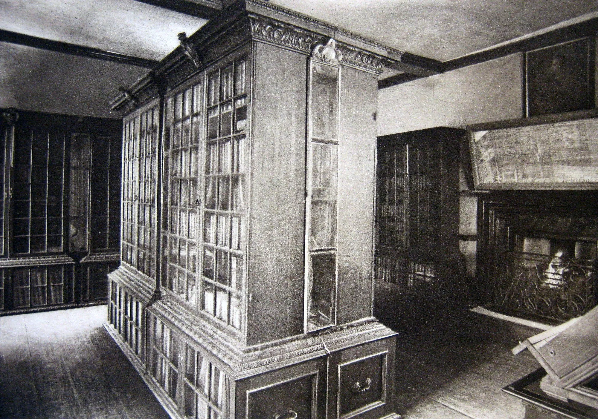 Interior of the Pepys Library at Magdalene College Cambridge, showing the glazed bookpresses