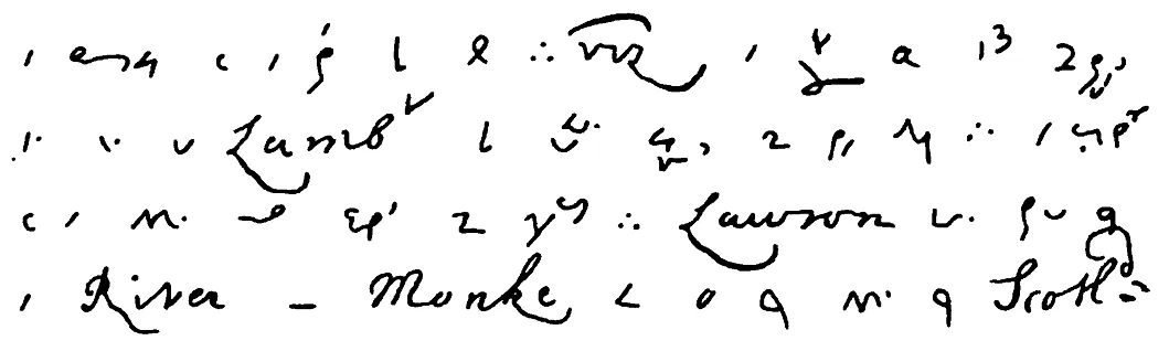 A line of Shelton shorthand from the Pepys diary, small looping symbols in ink