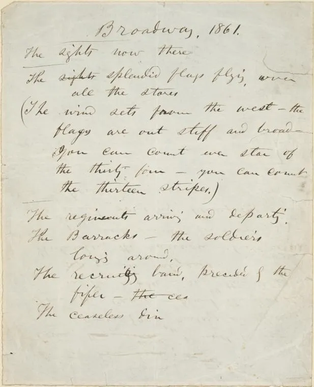 A Whitman manuscript headed "Broadway, 1861," written in ink with lines about flags and marching regiments