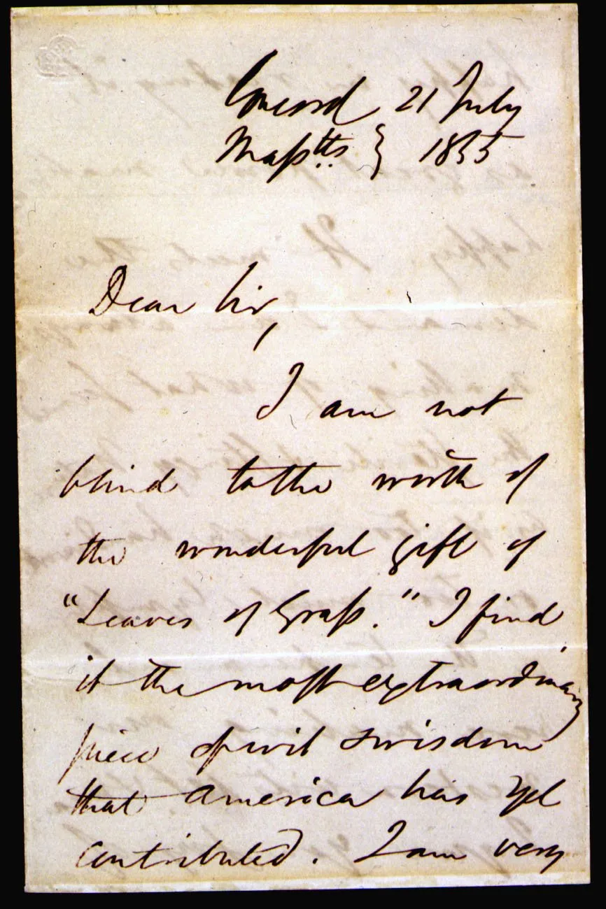 Emerson's handwritten 1855 letter praising Whitman's Leaves of Grass