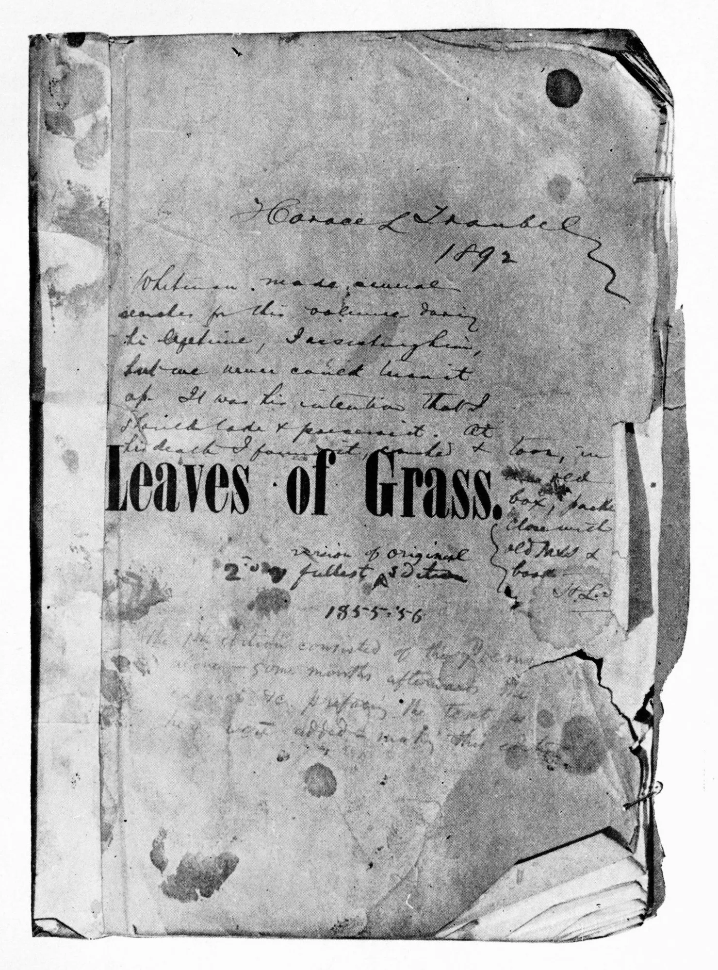 Battered cover of Whitman's own copy of Leaves of Grass, covered in handwritten annotations